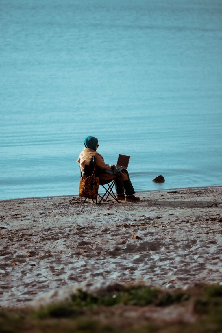 A person sitting on a chair by the water's edge, using a laptop on a serene beach.